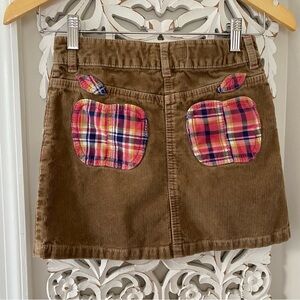 Mini Boden Girls Dark Tan Corduroy Skirt With Apple Pockets Plaid School Artsy